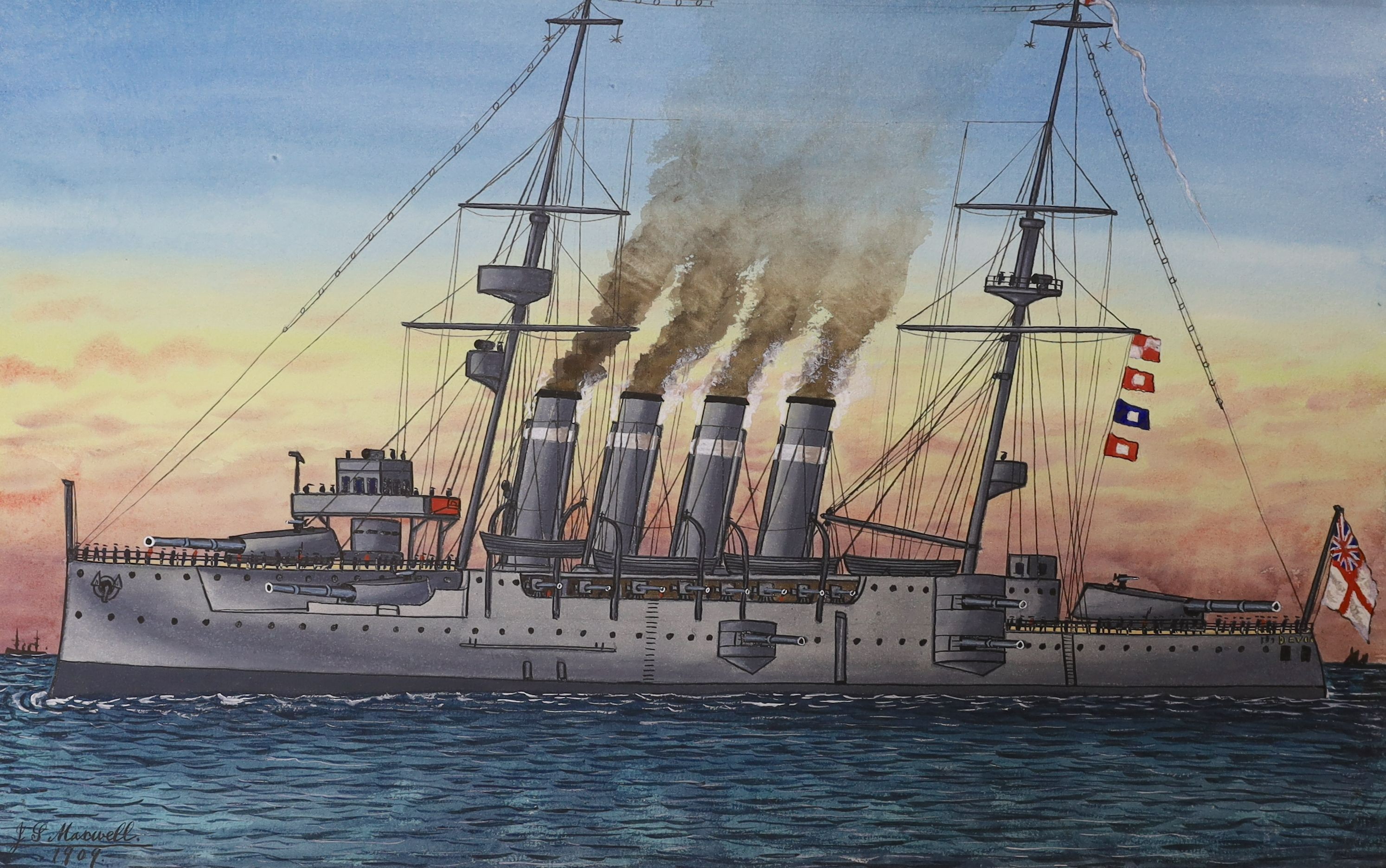 James Scott Maxwell (1845-1922), four watercolours, Studies of battleships, signed and dated 1909-1916, 29 x 46cm, unframed